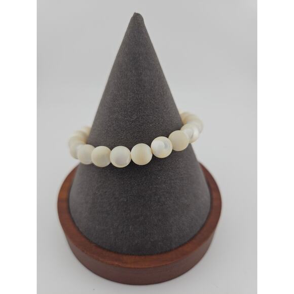 Cream Round Beaded Stretch Bracelet Neutral Earthy Stackable Casual Boho - Picture 1 of 2